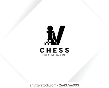 Simple letter V chess logo with pawn and chessboard symbol. Monogram logo template