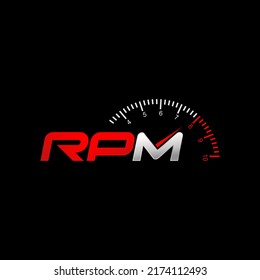 Simple letter or word RPM italic font with speedometer needle image graphic icon logo design abstract concept vector stock. Can be used as symbol related to sportcar or workshop