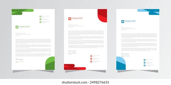 Plantilla de diseño de membrete simple con color verde, azul y rojo, diseño de forma geométrica para membrete. Plantilla de membrete de negocios Corporativa y profesional, Plantilla de Vector A4,