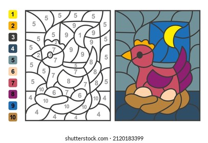 Simple level vector coloring farm animal chicken on the nest, color by numbers. Puzzle game for children education