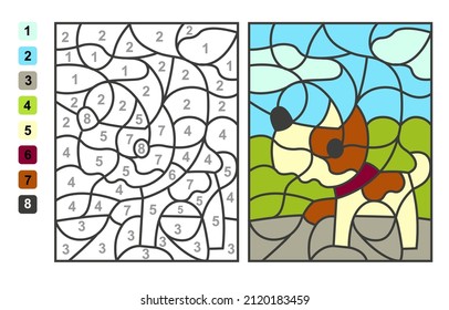 Simple level vector coloring pet animal dog, color by numbers. Puzzle game for children education