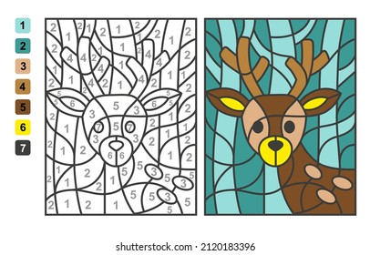 Simple level vector coloring wild animal deer, color by numbers. Puzzle game for children education