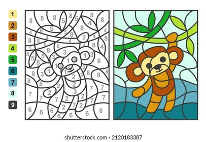 Simple Level Vector Coloring Zoo Animal Monkey, Color By Numbers. Puzzle Game For Children Education