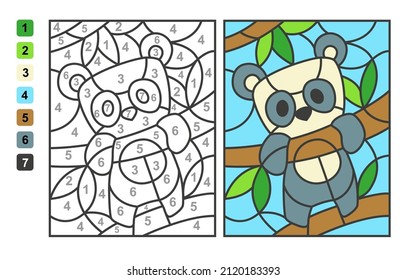 Simple Level Vector Coloring Zoo Animal Bear Panda, Color By Numbers. Puzzle Game For Children Education