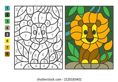 Simple Level Vector Coloring Zoo Animal Lion, Color By Numbers. Puzzle Game For Children Education