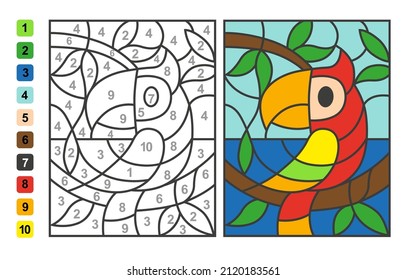 Simple level vector coloring zoo animal parrot bird, color by numbers. Puzzle game for children education