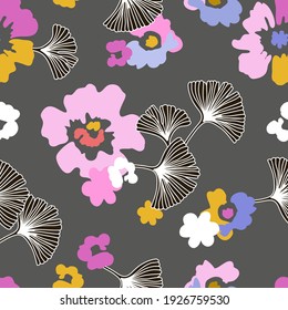 Simple impresión de libertad en fondo gris. Patrón vectorial sin inconvenientes en repetición. Impresión vintage con flores grandes. Colección de diseño textil retro.