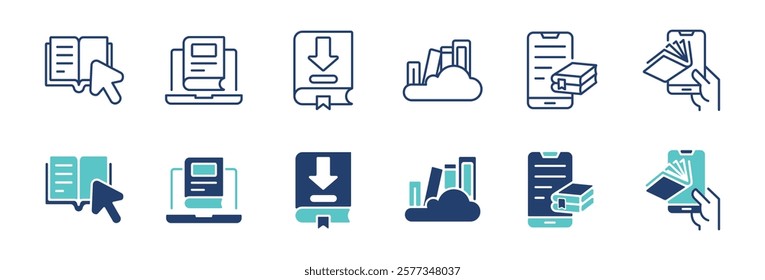 simple library online book icon line set education digital learning media download arrow e-book journal literature business document signs vector illustration