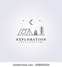 simple life style adventure logo night tent outdoor campfire vector illustration design icon symbol label background template