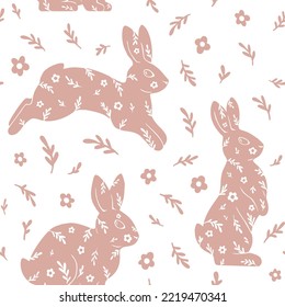 Simple light beige seamless pattern of bunnies and flowers. Vector modern illustration. For wrapping paper, fabric, and wallpaper.