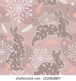 Simple light beige seamless pattern of rabbits, snowflakes, and fir branches. Winter vector modern illustration. For wrapping paper, fabric, and wallpaper.