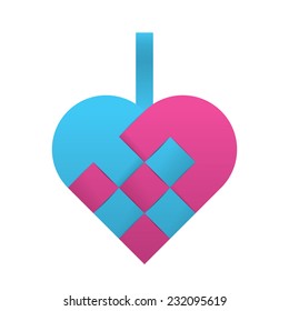 Simple light blue pink braided christmas heart shaped vector illustration. Beautiful handcrafted december xmas icon with a simple pattern isolated on white background.