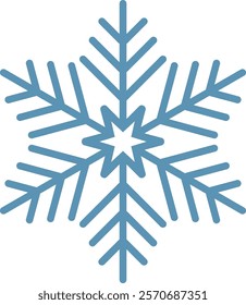 Simple light blue snowflake with a star in the center representing winter, christmas and holidays, ideal for greeting cards or winter projects