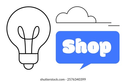 Simple light bulb beside a blue speech bubble with the word shop on it. Above them, a stylized cloud. Ideal for business ideas, online shopping, e-commerce, creativity, store promotions. Minimalist