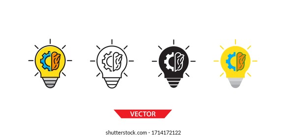 Simple light bulb with brain and gear icon on white background 4 types such as outline, black, color, outline and color. Vector illustration.