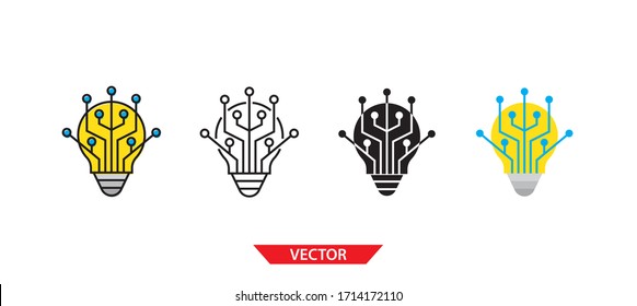 Simple light bulb with chip connectors icon on white background 4 types such as outline, black, color, outline and color. Vector illustration.