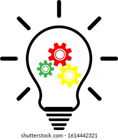 Simple light bulb conceptual icon with colorful gears inside. Flat vector illustration
