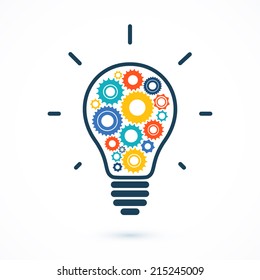 Simple light bulb conceptual icon with colorful gears inside. Vector illustration