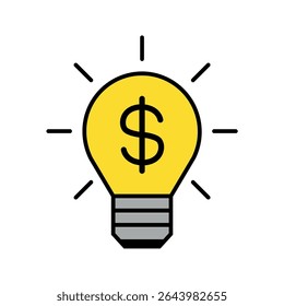 Simple light bulb and dollar icon illustration vector design. Yellow and grey with black outline. Innovation, concept, inspiration, creative thinking, thought, conclusion, and problem solving
