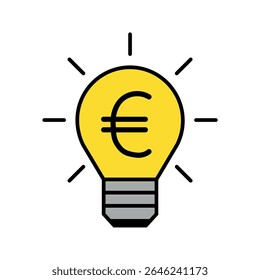 Simple light bulb and Euro icon illustration vector design. Yellow and grey with black outline. Innovation, concept, inspiration, creative thinking, thought, conclusion, and problem solving.