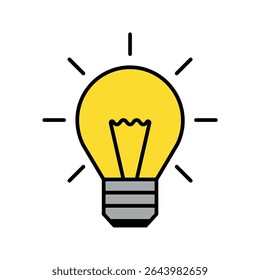 Simple light bulb icon illustration vector design. Yellow and grey with black outline. Innovation, concept, inspiration, creative thinking, notion, thought, conclusion, and problem solving