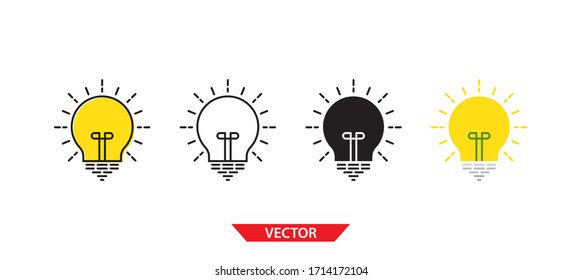 Simple light bulb icon on white background 4 types such as outline, black, color, outline and color. Vector illustration.