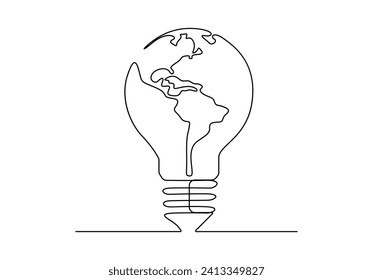 Simple light bulb inside of Earth map globe single continuous line drawing. Vector illustration. Pro vector.