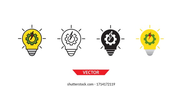 Simple light bulb with lightning and gear icon on white background 4 types such as outline, black, color, outline and color. Vector illustration.