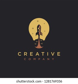Simple light bulb and rocket logo icon vector template on dark background