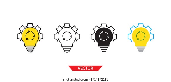 Bombilla simple con icono de rotación y engranaje sobre fondo blanco 4 tipos como contorno, negro, color, contorno y color. Ilustración vectorial.