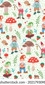 Simple light childish pattern with gnomes, natural and doodle decorations. Texture with leprechauns, foliage, mushrooms and berries on white background. Hand drawn fairy backdrop for wallpapers