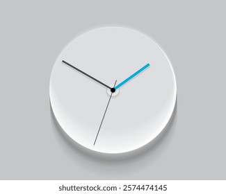 Simple light classic clock in realistic flat style, with a blue arrow. Time on white background. Business watch. Vector design element for you project