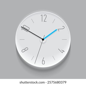 Simple light classic clock in realistic flat style, with a blue arrow and numbers. Time on white background. Business watch. Vector design element for you project