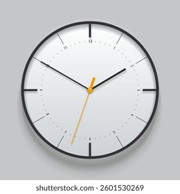 Simple light clock in realistic flat style, with arrow and  numbers. Time on gray background. Business watch. Vector design element for you project