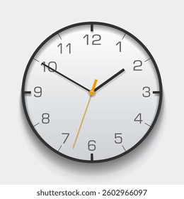 Simple light clock in realistic flat style, with arrow and  numbers. Watch on gray background. Business time. Vector design element for you project