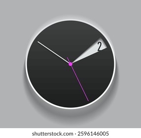 Simple light creative clock in realistic flat style, with arrow and with a niche for numbers. Time on white background. Business watch. Vector design element for you project