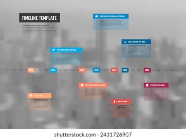 Plantilla de línea de tiempo horizontal ligera simple con bloques de año rojos y azules iconos de títulos grandes descripción corta y foto en el fondo. Plantilla de línea de tiempo de infográfico multipropósito