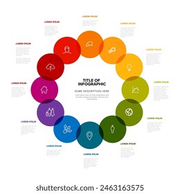 Infografía simple de luz con doce círculos con iconos en un gran ciclo sobre fondo blanco y elementos de descripción adicionales. Plantilla infográfica multipropósito de año completo