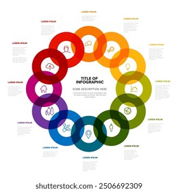 Infografía ligera simple con doce círculos con iconos en un ciclo grande sobre fondo blanco y artículos de descripción adicionales. Plantilla de infografía de año completo multipropósito