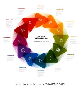 Infografía ligera simple con doce triángulos con iconos en un gran ciclo sobre fondo blanco y elementos de descripción adicionales. Plantilla infográfica multipropósito de año completo