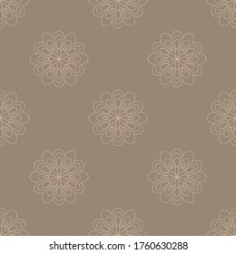 Simple light mandala flowers on beige background. Seamless abstract doodle pattern.