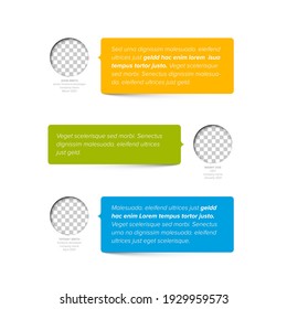 Simple light minimalistic testimonial review section layout template with three testimonials, photo placeholders, quotes and colorfull speech bubbles with review text