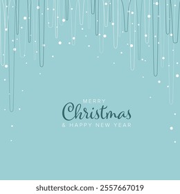 Simple light modern Merry Christmas and Happy New Year card template with icicles on the top and abstract snowflakes  on light blue background