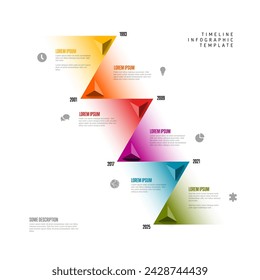 Plantilla de línea de tiempo de infografía diagonal simple y ligera con flechas de triángulo y seis hitos con iconos y descripciones. Plantilla de línea de tiempo moderna