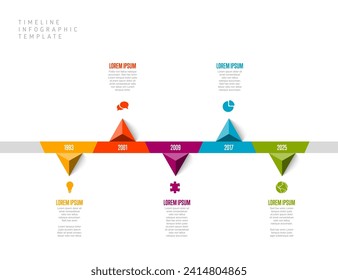 Plantilla de línea de tiempo infográfica simple de luz multipropósito con flechas triangulares y cinco hitos con iconos y descripciones. Plantilla de línea de tiempo moderna