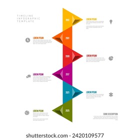 Plantilla de línea de tiempo de infografía vertical simple de luz multipropósito con flechas triangulares y seis hitos con iconos y descripciones. Plantilla de línea de tiempo moderna