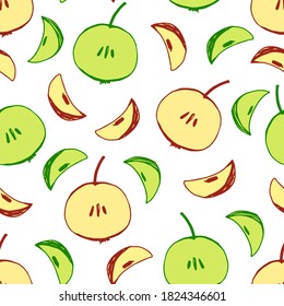 Simple light vector seamless pattern. Yellow, green halves, slices of apples, fruits on a white background. For packaging prints, kitchen textile products, candy, juice, packaging, label.