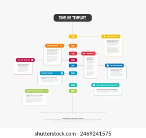 Plantilla de línea de tiempo de Vertical ligera simple con bloques de año de color redondeado, iconos de títulos grandes y descripción corta. Plantilla de línea de tiempo de infochart multipropósito con bloques de contenido en blanco