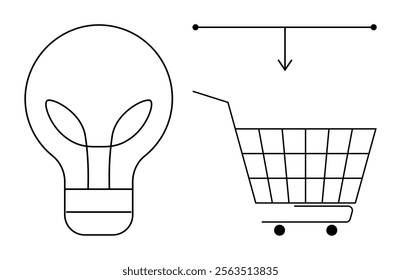 Simple lightbulb next to a shopping cart with an arrow pointing downwards. Ideal for online shopping, innovation, e-commerce, business ideas, and entrepreneurship. Outline drawing, minimalist style