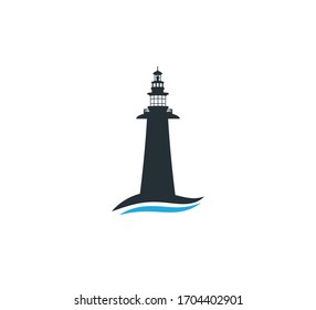 simple lighthouse above wave vector logo design template